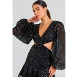 Dip Moda kadın ithal payet kumaş toka detaylı abiye elbise DPEMP2584