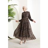 Dip Moda kadın kemerli leopar desenli tesettür şifon elbise SMS014