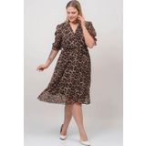 Dip Moda kadın kruvaze yaka midi boy büyük beden leopar Desenli şifon elbise DP80622