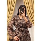 Dip Moda kadın kuşaklı leopar desenli şifon elbise DPMY3709
