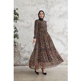 Dip Moda kadın leopar desenli ithal kumaş tesettür şifon elbise SMS028