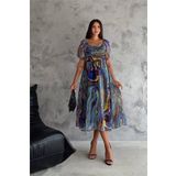 Dip Moda kadın madona yaka desenli şifon elbise DPQ009