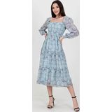 Dip Moda kadın mint gipeli kare yaka desenli şifon elbise DP100361