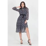 Dip Moda kadın puantiyeli omuz ve yakası gipeli midi boy kemerli şifon elbise DP0005 - 2XL - Siyah