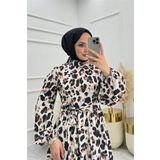 Dip Moda kadın saten kuşaklı eteği fırfırlı tesettür elbise NMS008