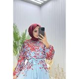 Dip Moda Kadın Şifon Astarlı Çiçek Desenli Tesettür Elbise NMS070 - Mavi - 44