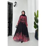 Dip Moda Kadın Şifon Astarlı Çiçek Desenli Tesettür Elbise NMS070 - Siyah - 40