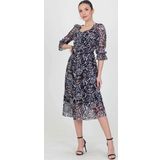 Dip Moda kadın siyah kalp yaka yeni sezon desenli şifon elbise RY0030