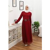 Dip Moda kadın tül kemerli tesettür elbise RSSN45 - Bordo
