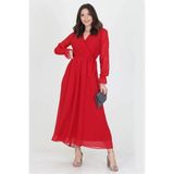 Dip Moda Kadın Yeni Sezon Astarlı Kruvaze Yaka Uzun Şifon Elbise DP003 - 2XL - Kırmızı