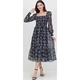 Dip Moda siyah kadın siyah gipeli kare yaka desenli şifon elbise DP100361