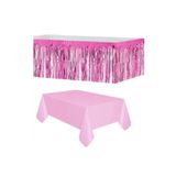 Dipak Pembe Metalize Masa Eteği 90×350 Cm Tek Kullanımlık Plastik Pembe Masa Örtüsü 120×180 Cm