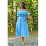 Dipmoda kadın bebe mavisi kuşaklı madonna yaka baby shower elbise DP8060