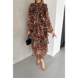 Dipmoda kadın eteği kat kat leopar desenli şifon elbise DPKKLF2036 - Kahverengi - 2XL