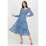 Dipmoda kadın indigo gipeli kare yaka desenli şifon elbise DP100361 - İndigo