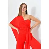 Dipmoda kadın kırmızı kuşaklı straplez abiye tulum DPS9355