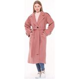 Dipmoda kadın kuşaklı oversize yün kaşe kaban DPPLTN02 - Gül Kurusu - Fuşya - XL