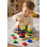 Direkstoktan Ahşap Eğitici Zeka Oyuncağı | Montessori Renkli Geometrik Şekil Dizme ve Eşleştirme Oyunu