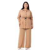 DISENTIS MODEST Büyük Beden Beli Kemerli Gömlek Pantolon Camel İkili Takım, 46