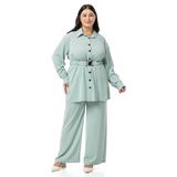 Disentis Modest Büyük Beden Beli Kemerli Gömlek Pantolon Mint Yeşili Ikili Takım, 50