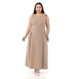 Disentis Modest Büyük Beden Cep Ve Arka Belde Lastik Büzgü Detaylı Keten Uzun Vizon Elbise, 46