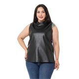 Disentis Modest Büyük Beden Dik Yaka Kolsuz Deri Siyah Bluz - 46