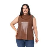 Disentis Modest Büyük Beden Dik Yaka Kolsuz Deri Taba Bluz - 48