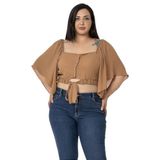 Disentis Modest Büyük Beden Geniş Kollu Beli Lastik Ve Büzgülü Crop Camel Bluz,48