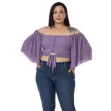 Disentis Modest Büyük Beden Geniş Kollu Beli Lastik Ve Büzgülü Crop Lila Bluz,46