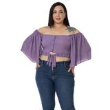 Disentis Modest Büyük Beden Geniş Kollu Beli Lastik Ve Büzgülü Crop Lila Bluz,48