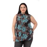 Disentis Modest Büyük Beden Kendinden Fularlı Kolsuz Çiçek Desenli Şifon Mint Yeşili Gömlek - 50