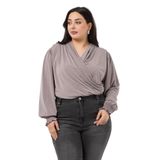 DISENTIS MODEST Büyük Beden Kruvaze Kol Ağzı Lastik Gipe Detaylı Çıtçıtlı Bluz, 48, 86974460008, Vizon, Kadın