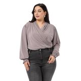 DISENTIS MODEST Büyük Beden Kruvaze Kol Ağzı Lastik Gipe Detaylı Çıtçıtlı Bluz, 52, 86974460008, Vizon, Kadın
