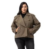 Disentis Modest Büyük Beden Mono Yaka Apoletli Cepli Oversize Astarlı Haki Kısa Trençkot, 52