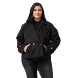 Disentis Modest Büyük Beden Mono Yaka Apoletli Cepli Oversize Astarlı Siyah Kısa Trençkot, 44