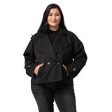 Disentis Modest Büyük Beden Mono Yaka Apoletli Cepli Oversize Astarlı Siyah Kısa Trençkot, 50