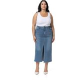 Disentis Modest Büyük Beden Önden Yırtmaç Detaylı Beş Cepli Midi Denim Açık Mavi Etek, 52