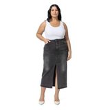 Disentis Modest Büyük Beden Önden Yırtmaç Detaylı Beş Cepli Midi Denim Antrasit Etek, 46