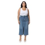 Disentis Modest Büyük Beden Önden Yırtmaç Detaylı Beş Cepli Midi Denim Etek