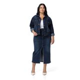 Disentis Modest Büyük Beden Önden Yırtmaç Detaylı Beş Cepli Midi Denim Lacivert Etek, 52
