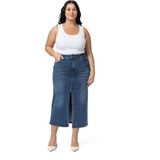 Disentis Modest Büyük Beden Önden Yırtmaç Detaylı Beş Cepli Midi Denim Mavi Etek, 48