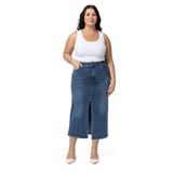 Disentis Modest Büyük Beden Önden Yırtmaç Detaylı Beş Cepli Midi Denim Mavi Etek, 54