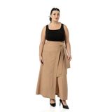 Disentis Modest Büyük Beden Önden Yırtmaçlı Süs Bağlama Detaylı Torba Cepli Vizon Midi Etek, 46