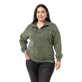 Disentis Modest Büyük Beden Pis Dikişli Fermuarlı Yırtmaçlı Parça Boyalı Haki Sweatshirt, 48