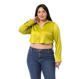 Disentis Modest Büyük Beden Saten Manşetli Fıstık Yeşili Crop Gömlek,48