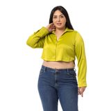 Disentis Modest Büyük Beden Saten Manşetli Fıstık Yeşili Crop Gömlek,52