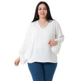 Disentis Modest Büyük Beden Yakası Dantelli Kol Ağzı Geniş Lastikli Beyaz Bluz - 44