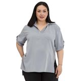 DISENTIS MODEST Büyük Beden Yakası Düğme ve Pat Detaylı Kolu Apoletli Açık Gri Bluz, 56, 86974740015, Açık Gri, Kadın