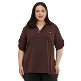 DISENTIS MODEST Büyük Beden Yakası Düğme ve Pat Detaylı Kolu Apoletli Bluz, 44, 86974740015, Kahverengi, Kadın