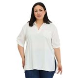 DISENTIS MODEST Büyük Beden Yakası Düğme ve Pat Detaylı Kolu Apoletli Bluz, 48, 86974740015, Beyaz, Kadın